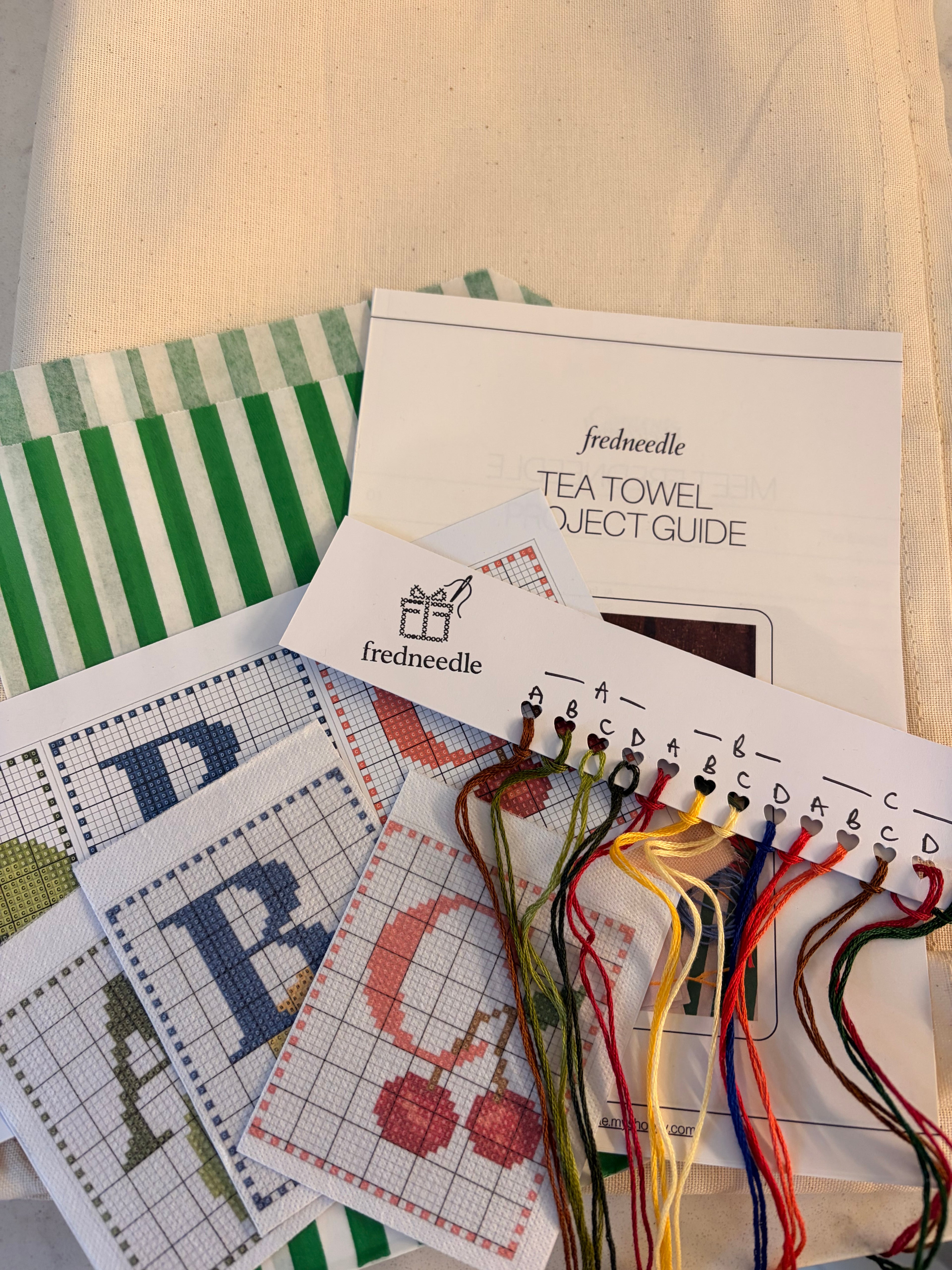 Food Alphabet Tea Towel Stitch Along - Full Kit (Cross Stitch Pattern Stickers, Tea Towel, Thread)