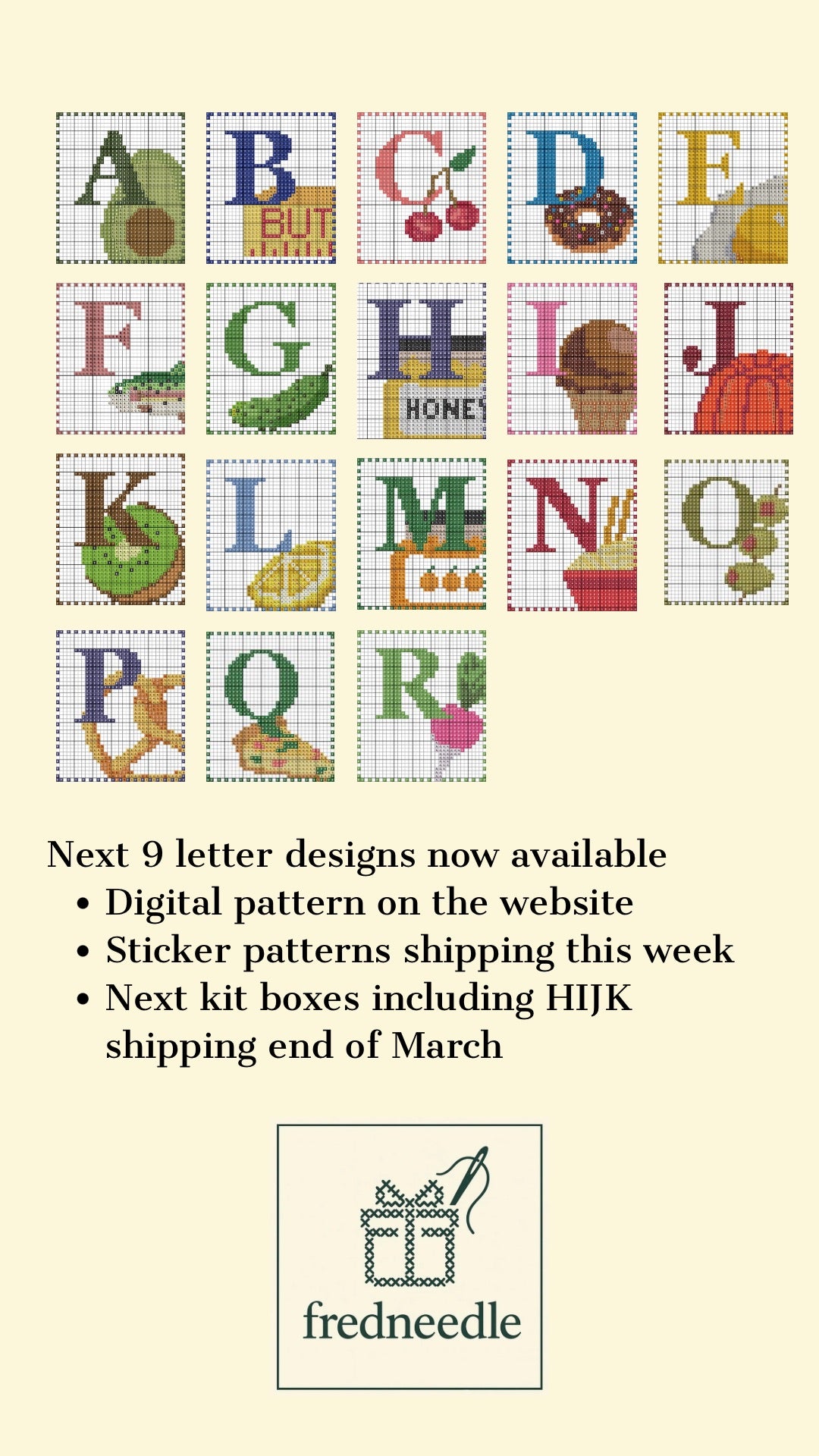 Food Alphabet Tea Towel - Cross Stitch Pattern Stickers Full Alphabet