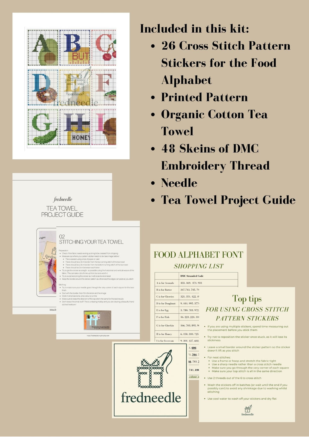 Food Alphabet Tea Towel Stitch Along - Full Kit (Cross Stitch Pattern Stickers, Tea Towel, Thread)