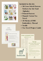 Food Alphabet Tea Towel Stitch Along - Full Kit (Cross Stitch Pattern Stickers, Tea Towel, Thread)
